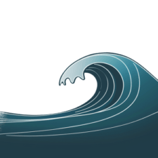 A stylized depiction of a wave. The wave is illustrated in a gradient of blue, transitioning from a darker shade at the top to a lighter one at the bottom. The wave's crest is white, suggesting the foam or froth created by the wave's movement. The wave is set against a stark white background, emphasizing its form and movement.
