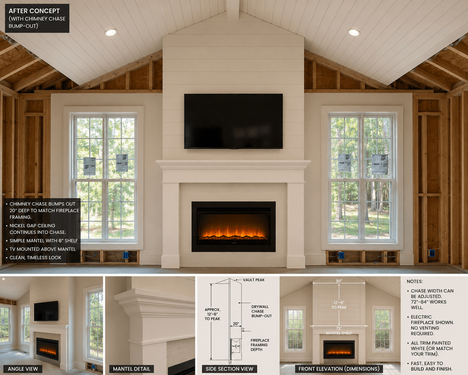 Custom fireplace design rendering for the Sun City addition by Bluffton Builders