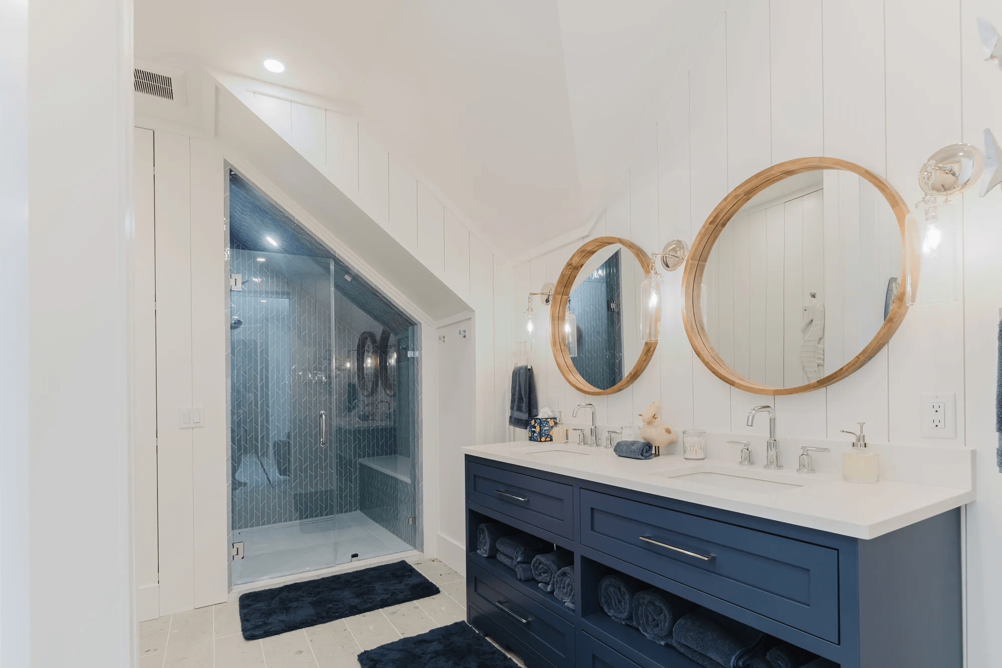 Custom en suite bathroom double vanity built into former attic space in Berkeley Hall, Bluffton SC