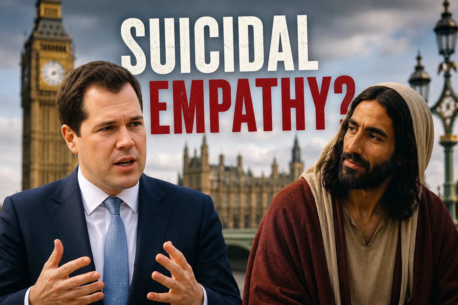 A man in a suit is speaking animatedly on the left, while a figure portrayed as Jesus looks on thoughtfully on the right. In the background, the iconic Big Ben clock tower and other structures from London can be seen. The text at the top reads "SUICIDAL EMPATHY?" in bold letters.