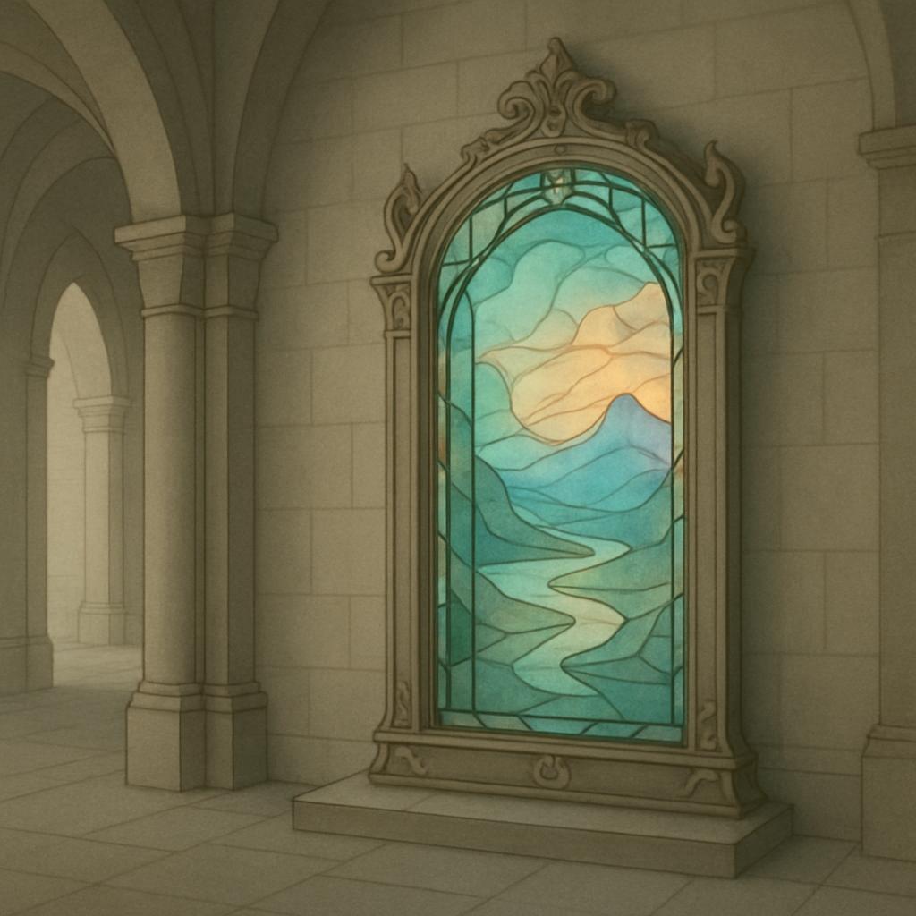 A surrealist stained glass window with a tranquil landscape design, reminiscent of styles found in medieval churches, posi...
