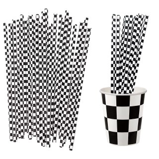EaciTown - 50 pajitas de papel con bandera a cuadros en blanco y negro para decoración de fiestas de cumpleaños, resistentes y desechables