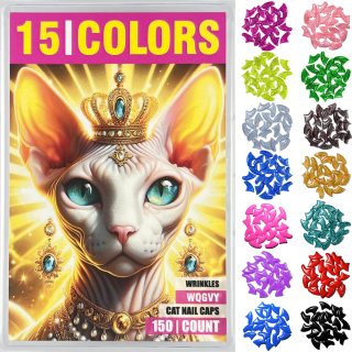 WQGVY 15 colores | 150 tapas para uñas para gatos | Cubiertas para garras de gato con adhesivos y aplicadores (L)