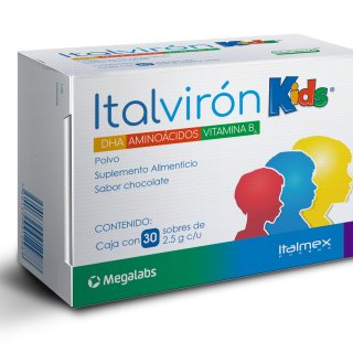 Italvirón Kids | Suplemento Alimenticio Infantil en Polvo Sabor Chocolate | DHA de Origen Vegetal | Aminoácidos y Vitamina B6 | Apoyo Cognitivo, Memoria y Concentración Escolar | Caja con 30 Sobres de 2.5 g