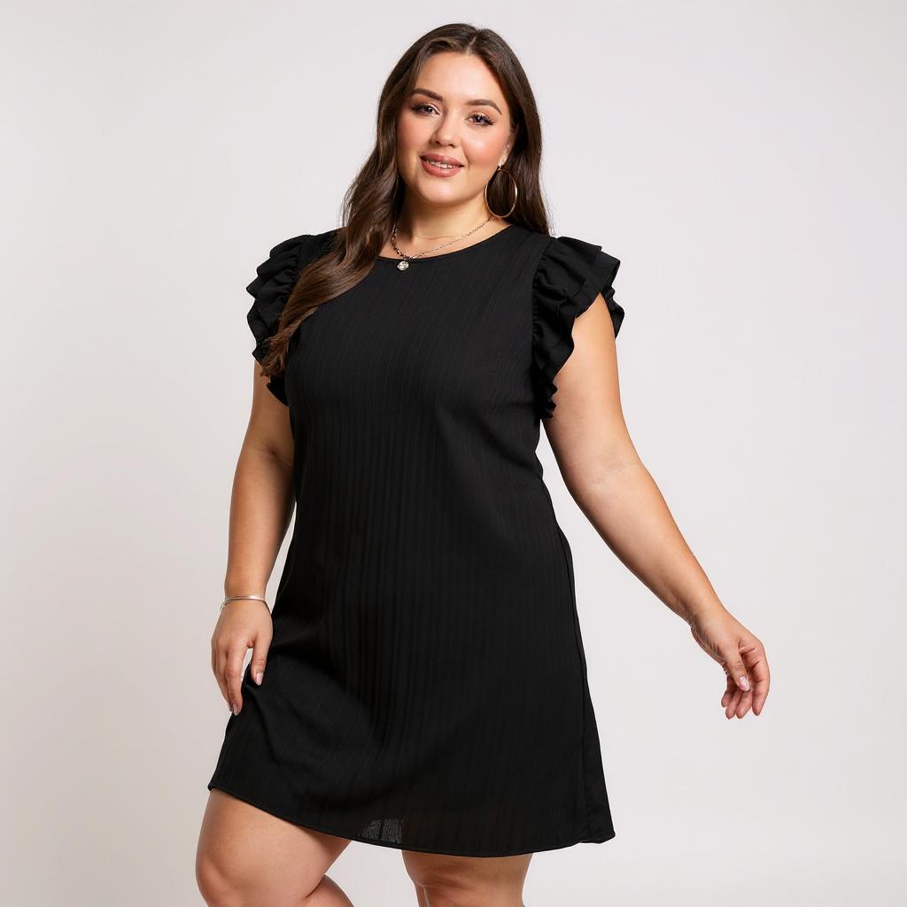 BMerciful Black Ruffled Sleeve Rib Textured Plus Size Shift Dress