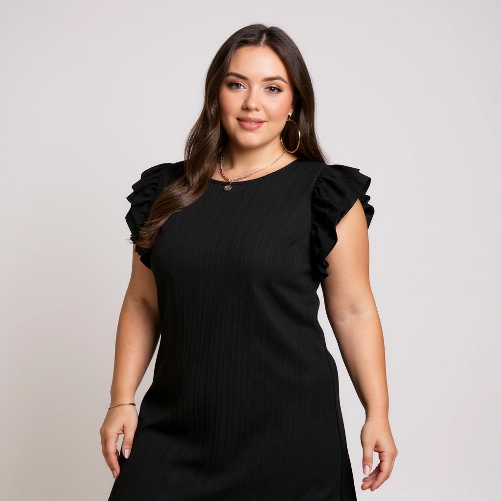 BMerciful Black Ruffled Sleeve Rib Textured Plus Size Shift Dress