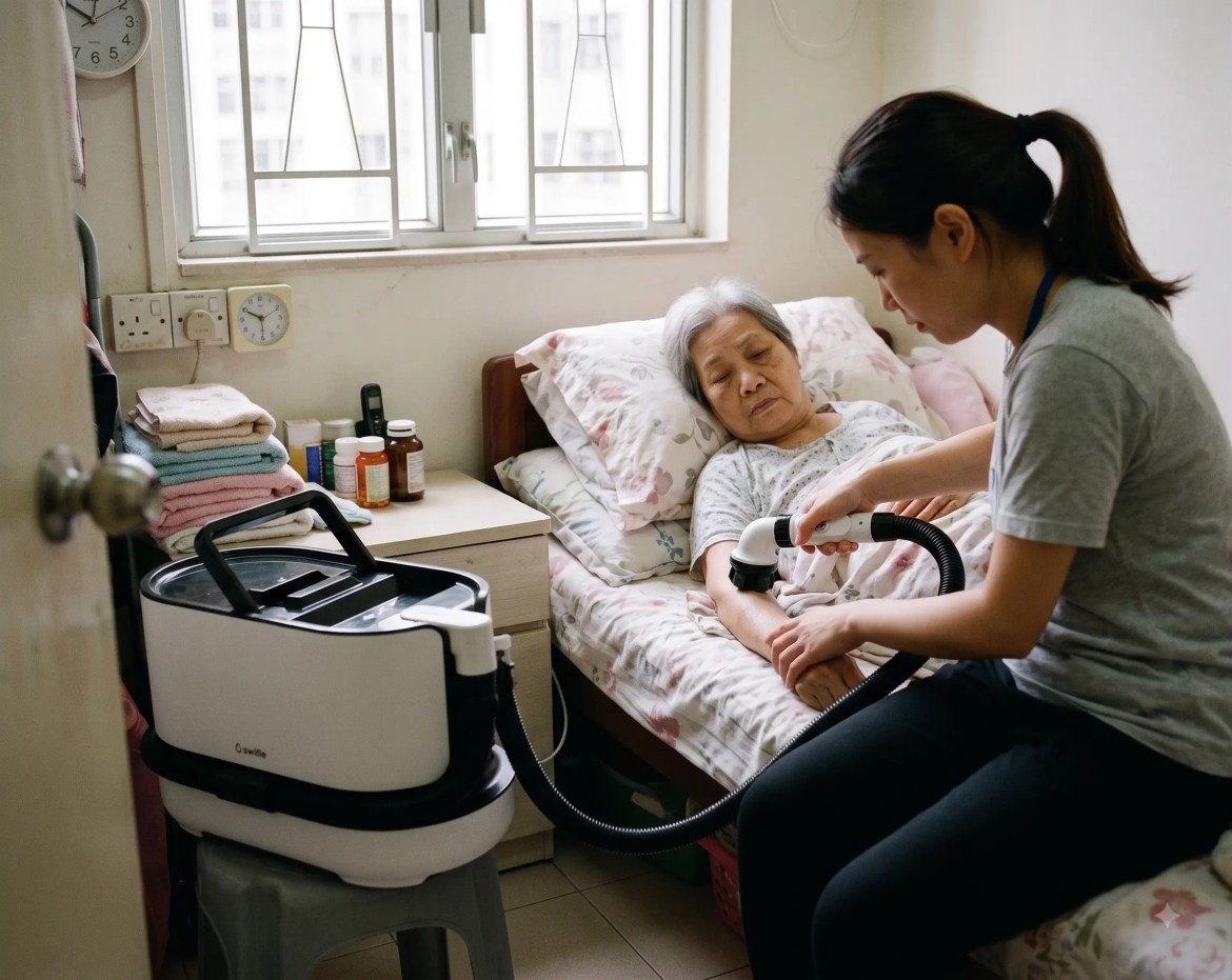 An NGO home care worker providing a Switle BODY bathing service to an elderly client at home