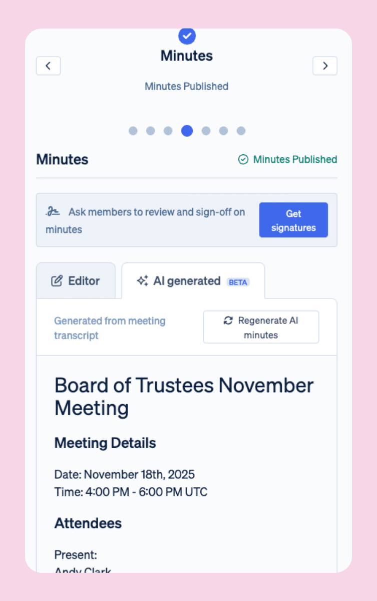 Minutes page highlighting AI for nonprofits, showing AI-generated meeting minutes created from a transcript, with options to regenerate minutes and collect signatures for approval.