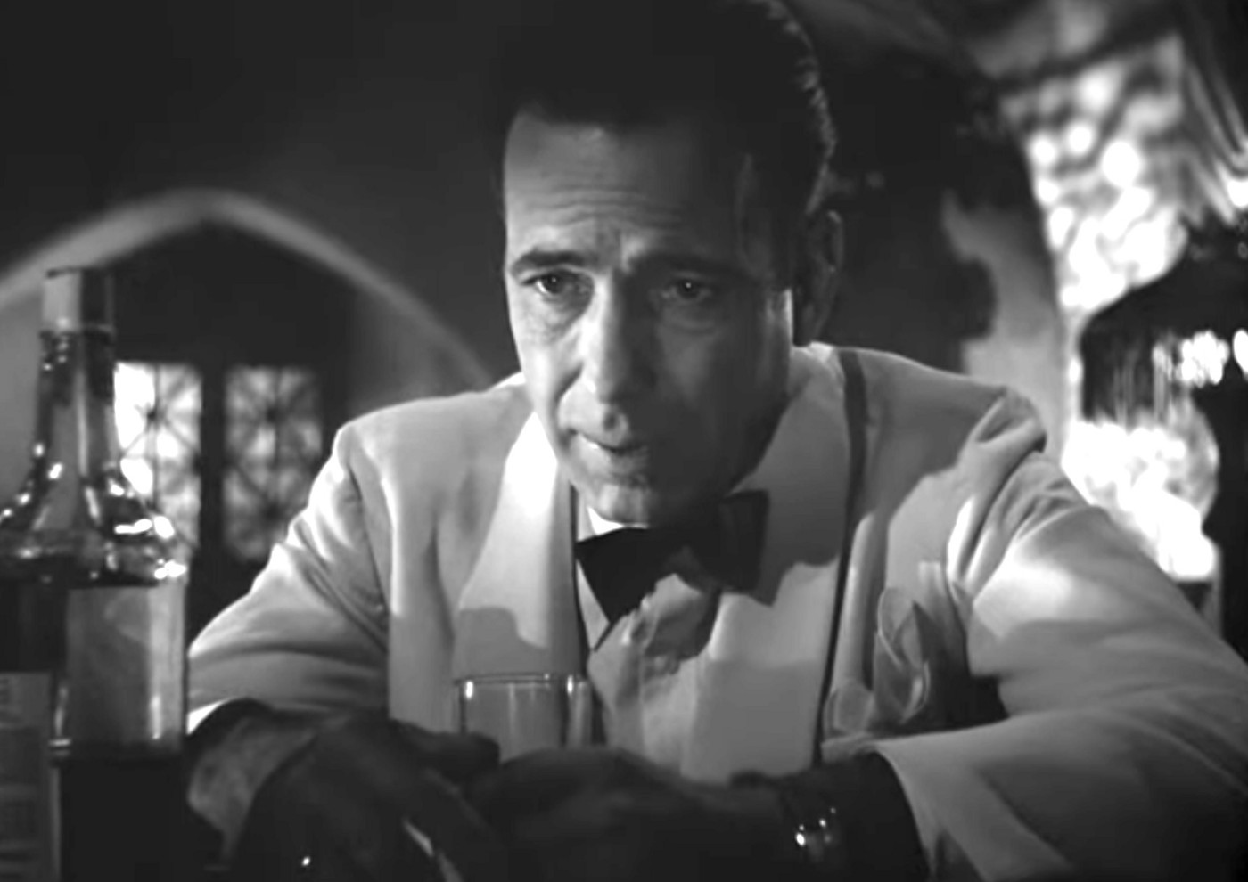 Humphrey Bogart in the famous scene in Casablanca, 'of all the gin joints in all the towns in all the world, she walks into mine'