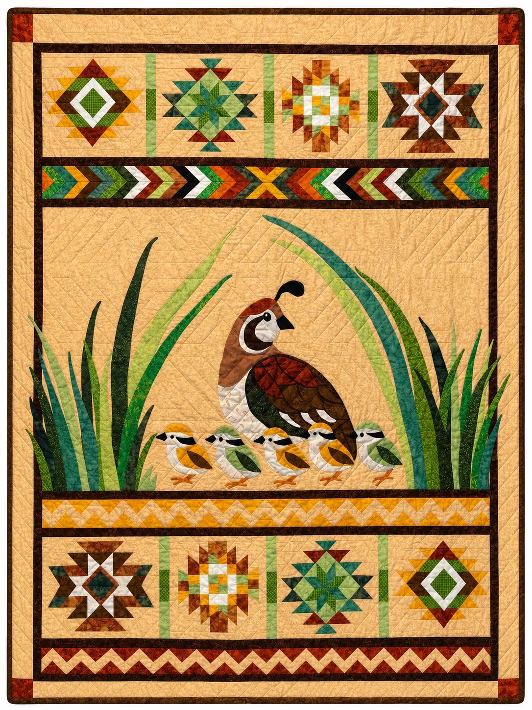 Quail family nestled in grass between Southwestern medallion blocks