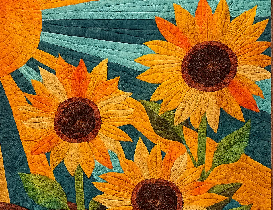 Colorful handmade quilt displayed in a bright quilting studio