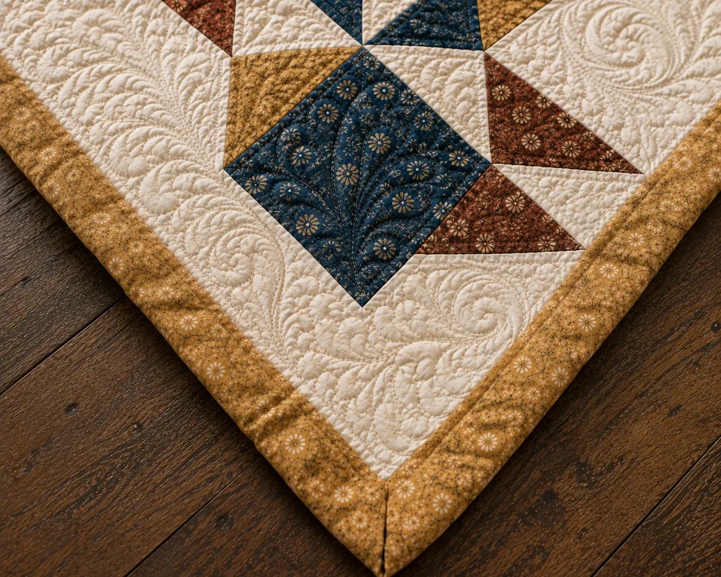 Corner of a custom-quilted quilt finished with yellow binding