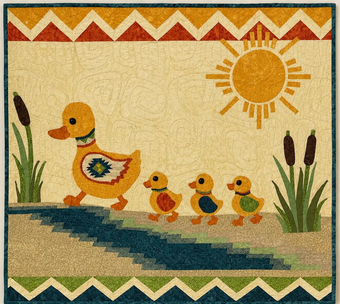 Down by the Rio art quilt featuring Southwestern-inspired landscape and geometric designs