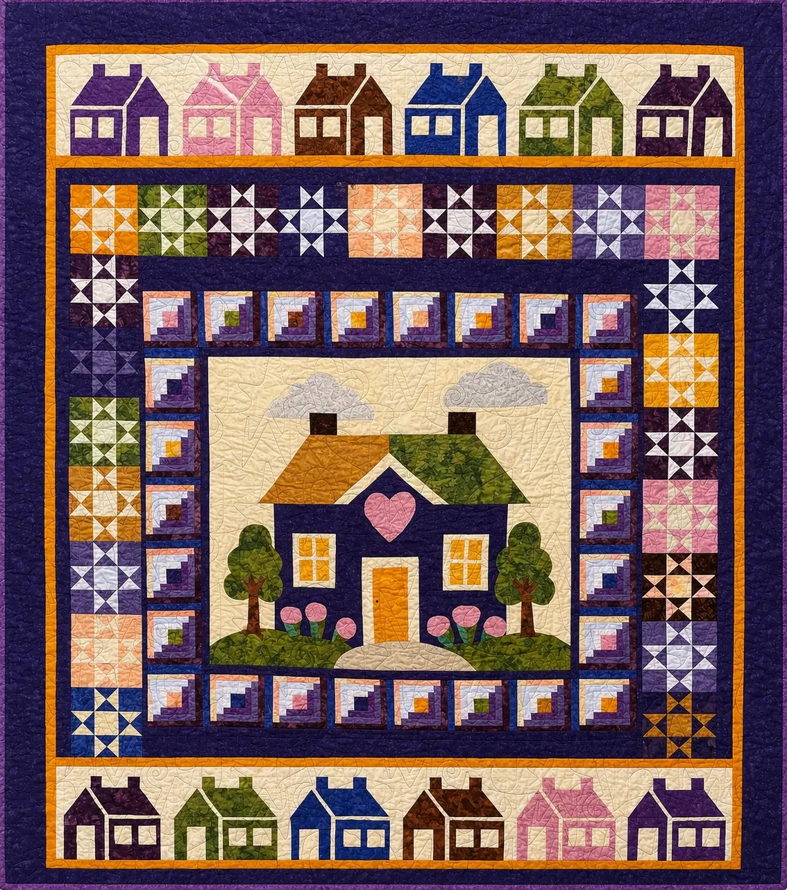 The House That Love Built art quilt featuring colorful house blocks, hearts, and traditional star motifs