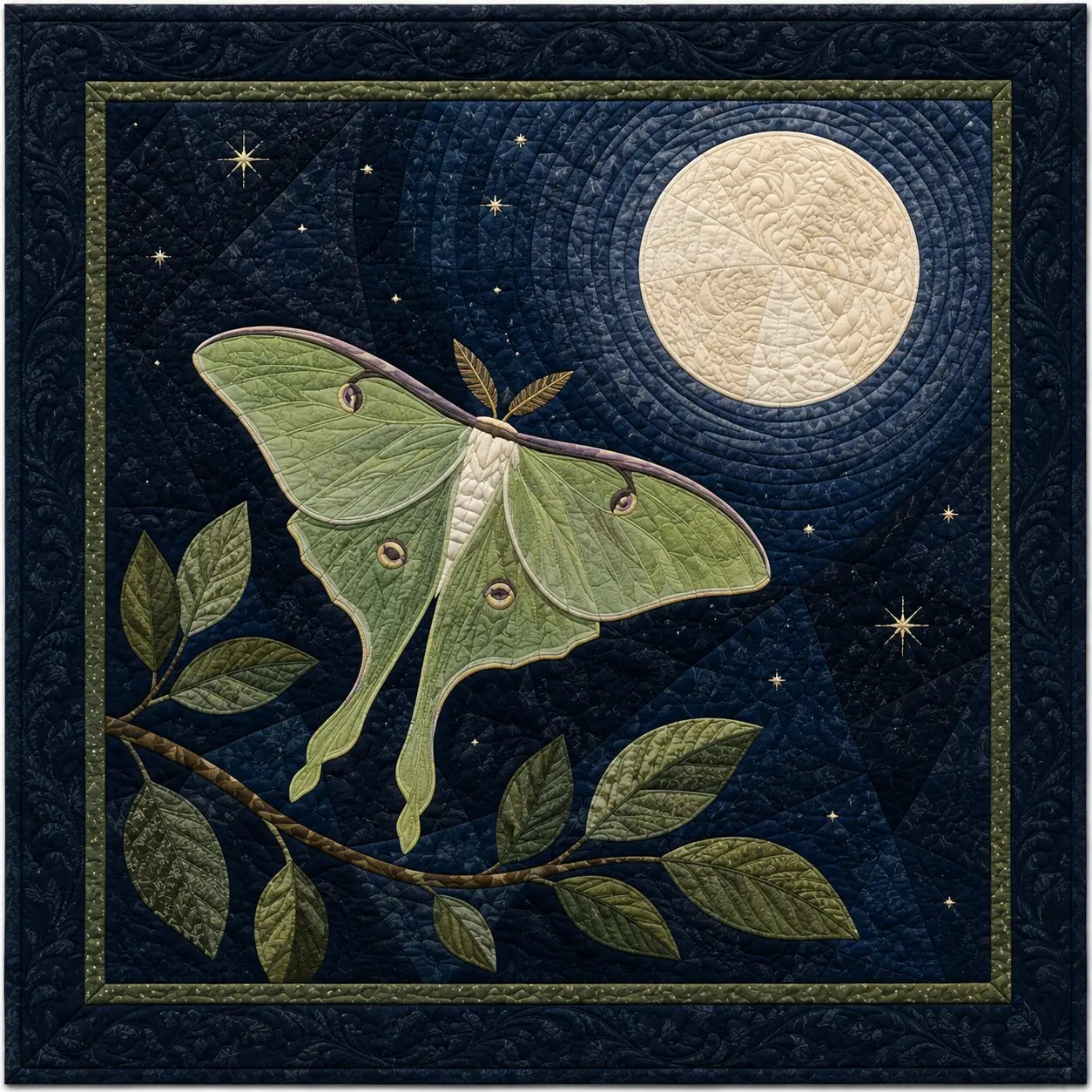 Luna Moth art quilt with dimensional wings and beaded details