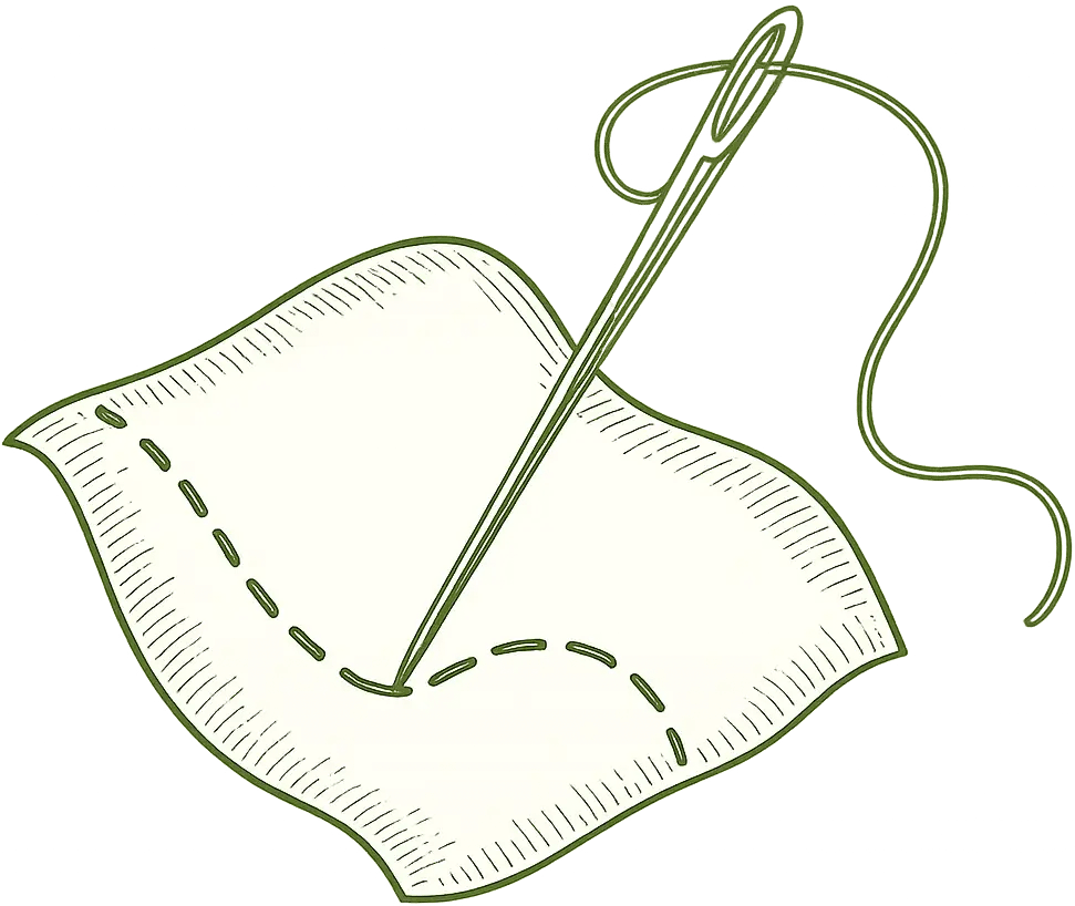 Needle and thread stitching through fabric