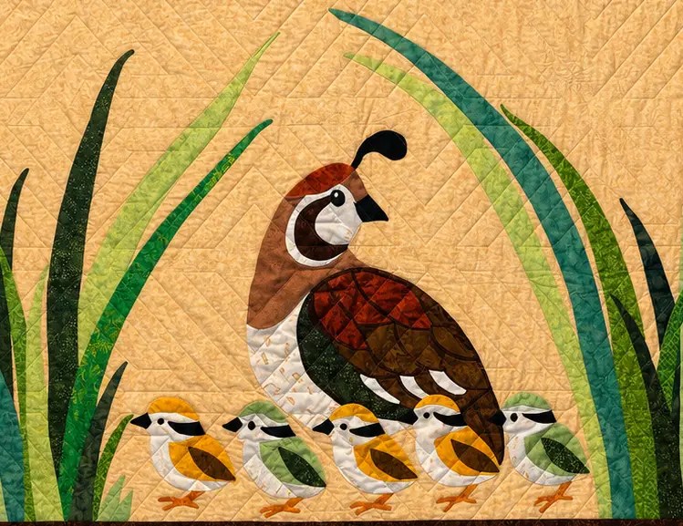 Quail Family art quilt featuring appliquéd quail and Southwestern-inspired designs