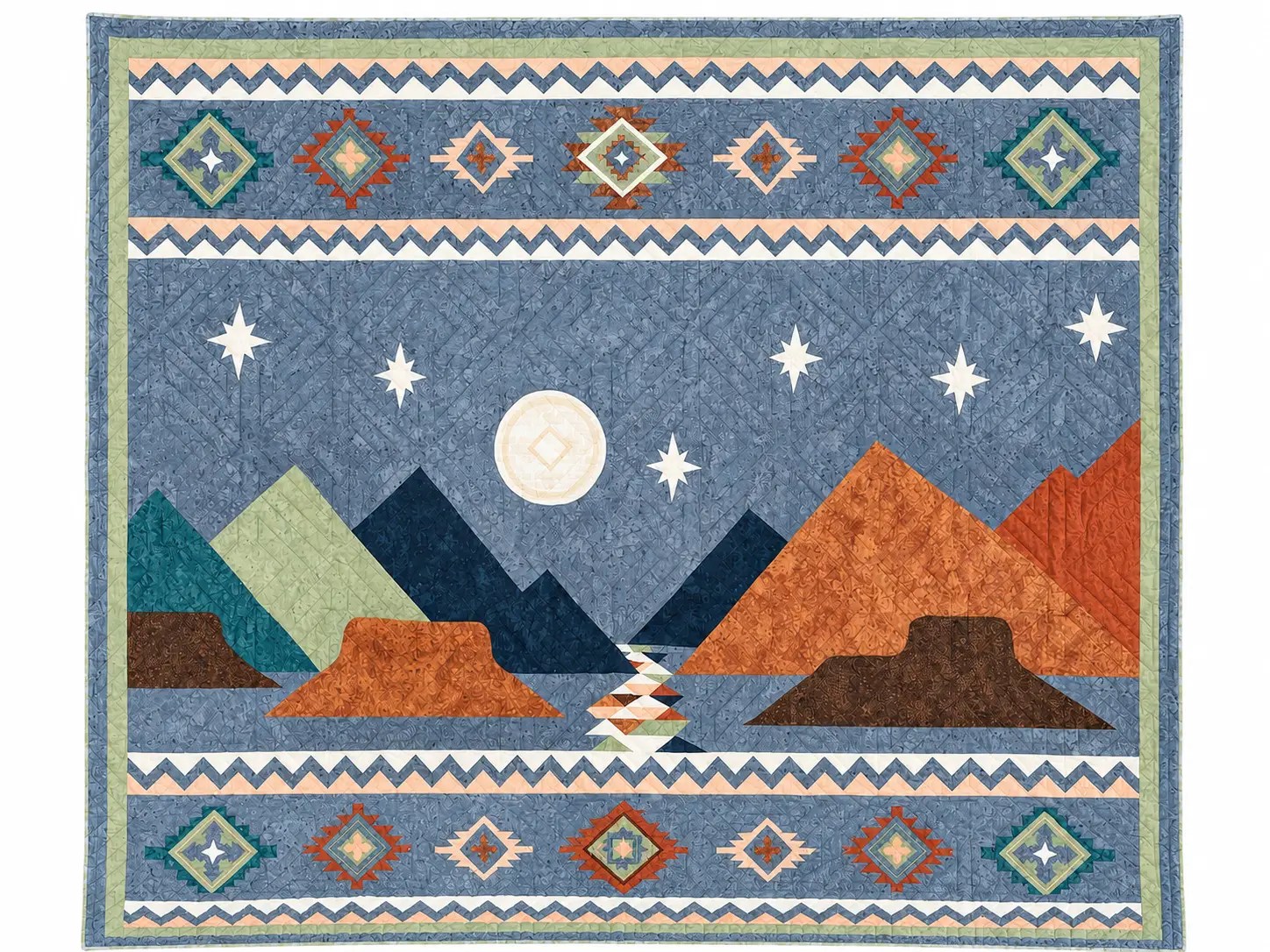 A River Runs Through art quilt featuring Southwestern-inspired geometric designs in rich desert colors