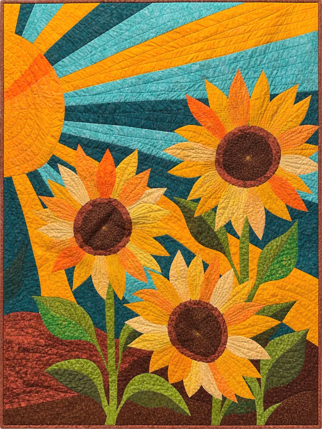 Sunflower Sunshine art quilt with large appliquéd sunflowers in warm yellow and orange tones