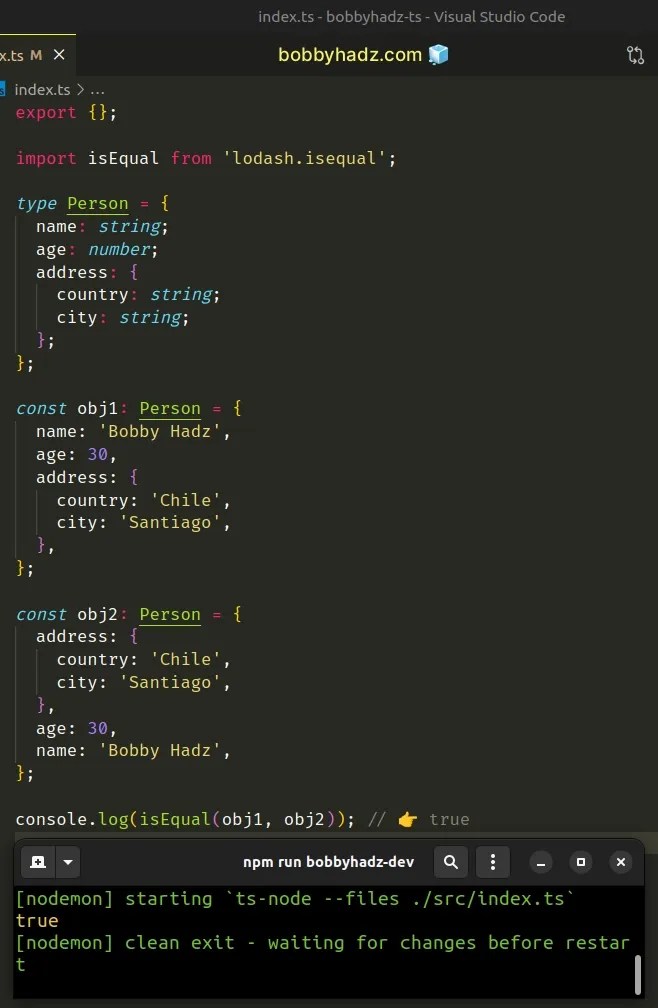 How to compare Objects in TypeScript | bobbyhadz (4) How to compare Objects in TypeScript | bobbyhadz (4)