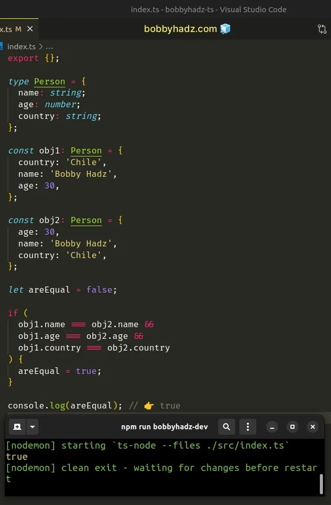 How to compare Objects in TypeScript | bobbyhadz (3) How to compare Objects in TypeScript | bobbyhadz (3)