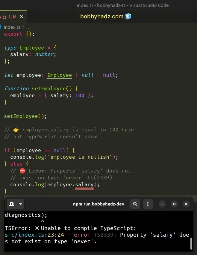 Property does not exist on type 'never' in TypeScript | bobbyhadz (1) Property does not exist on type 'never' in TypeScript | bobbyhadz (1)