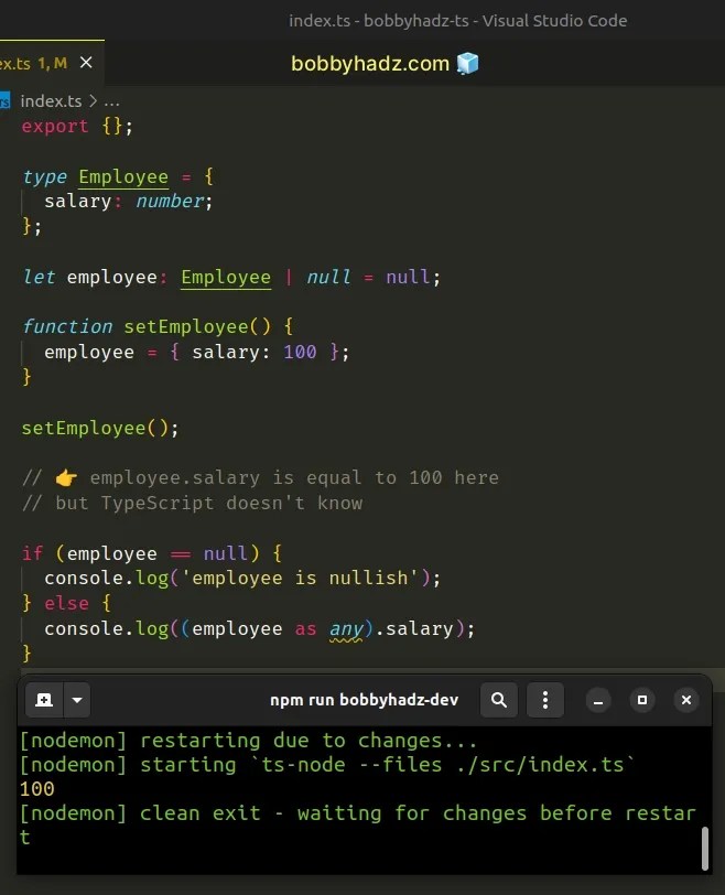 Property does not exist on type 'never' in TypeScript | bobbyhadz (4) Property does not exist on type 'never' in TypeScript | bobbyhadz (4)