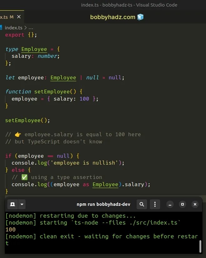 Property does not exist on type 'never' in TypeScript | bobbyhadz (3) Property does not exist on type 'never' in TypeScript | bobbyhadz (3)