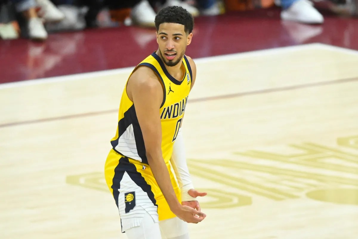 Tyrese Haliburton hits a celebration after securing the win for the Pacers vs. the cavaliers in Game 2 of the second round of the 2025 NBA playoffs.