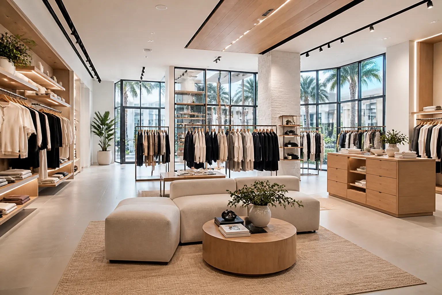Completed South Florida commercial interior with warm millwork, glass, and tropical daylight