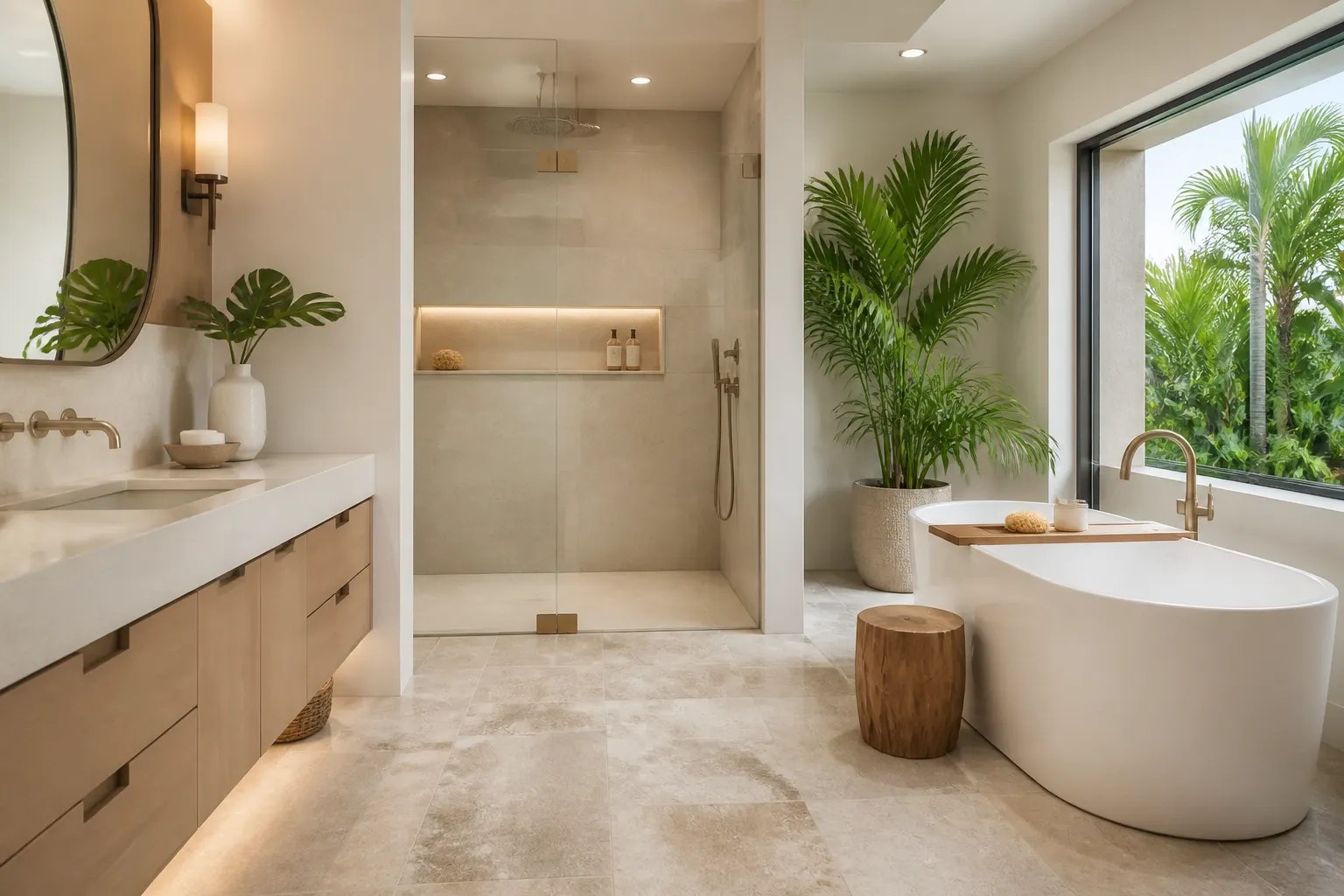 Luxury bathroom remodeling with natural stone, custom vanity cabinetry, and a glass shower