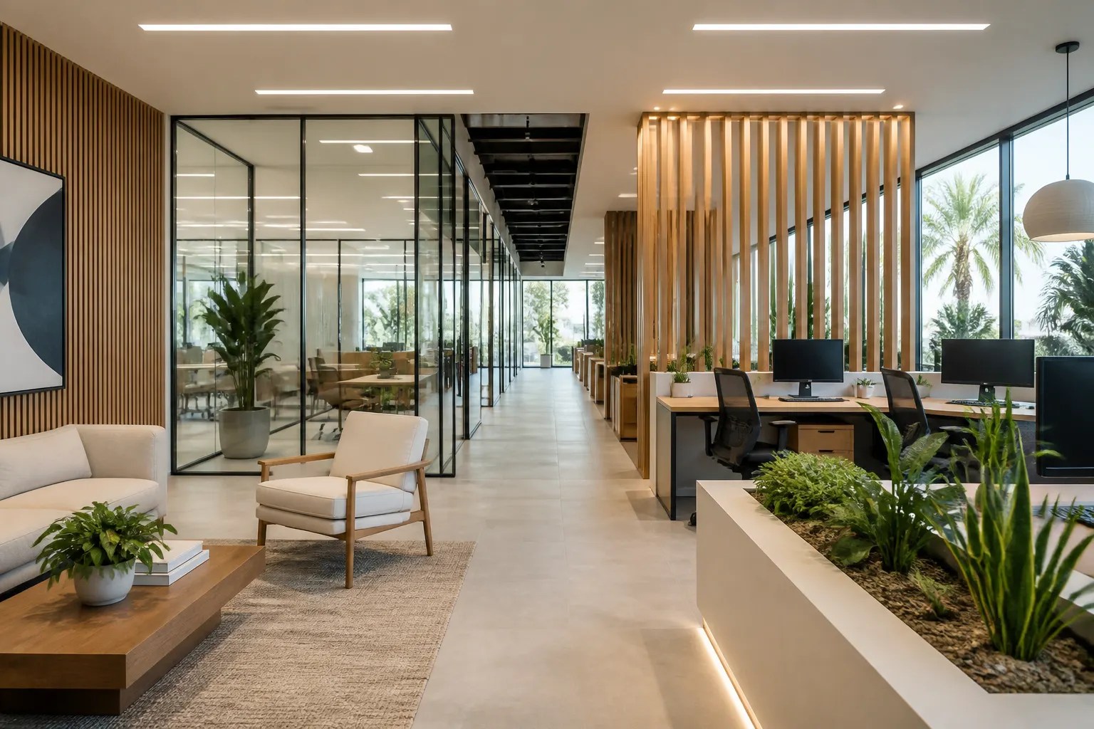 Upscale South Florida office remodeling with warm millwork, glass partitions, and natural light