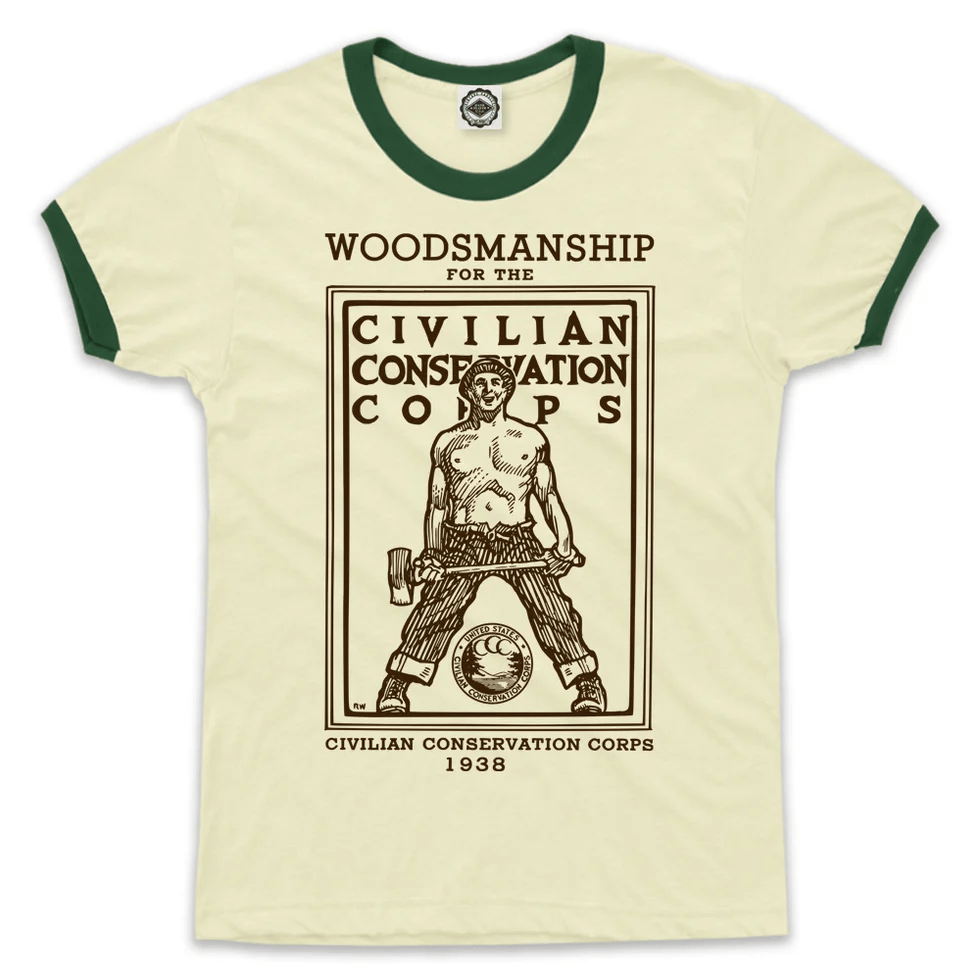 An ecru shirt with green ringer trim that's the 1938 cover for the CCC's woodsmanship manual.  It is stupid horny.