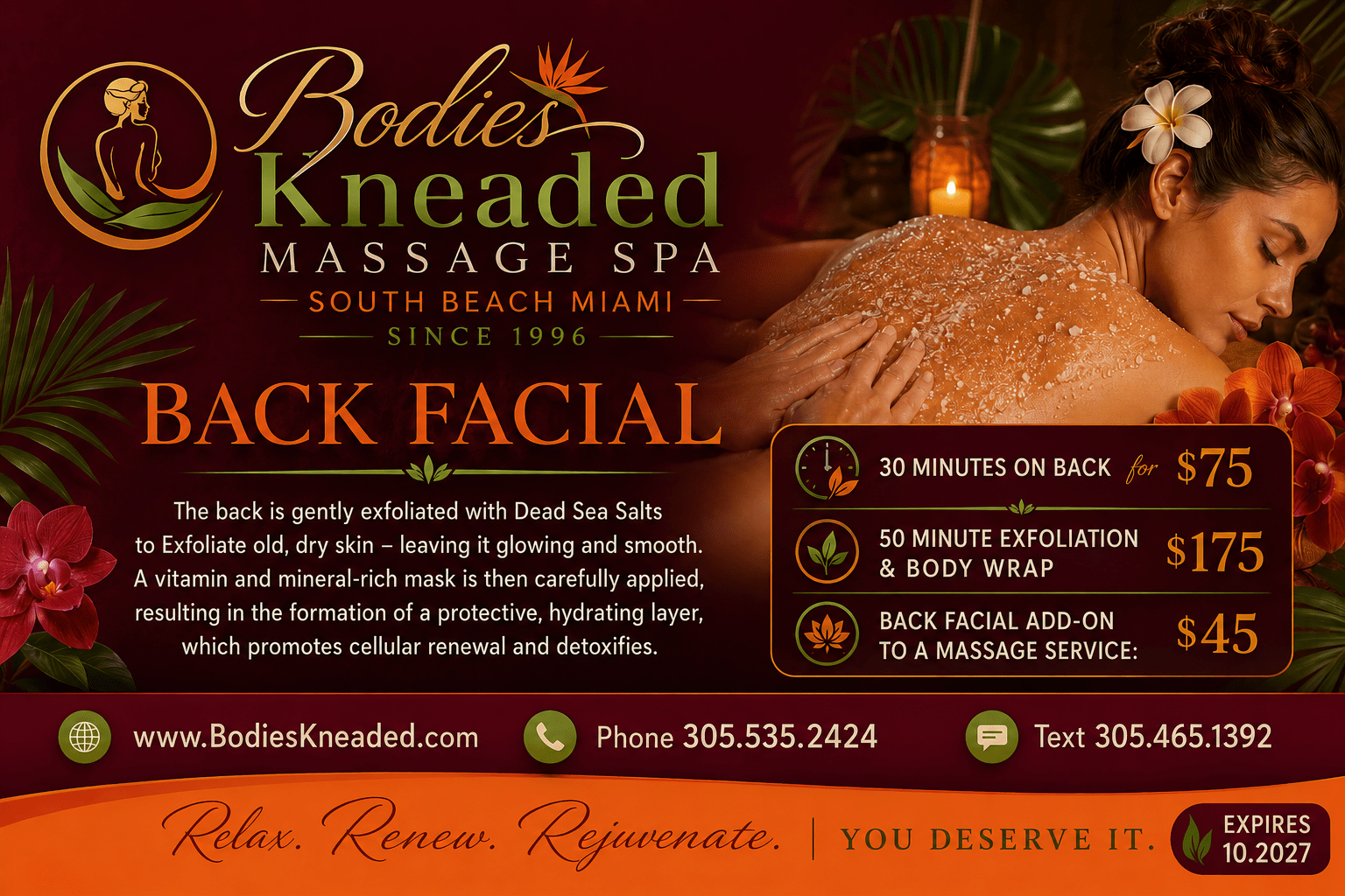 Advertisement for Bodies Kneaded Massage Spa promoting a back facial with Dead Sea salt exfoliation; pricing panel on the right shows options and costs.] ;