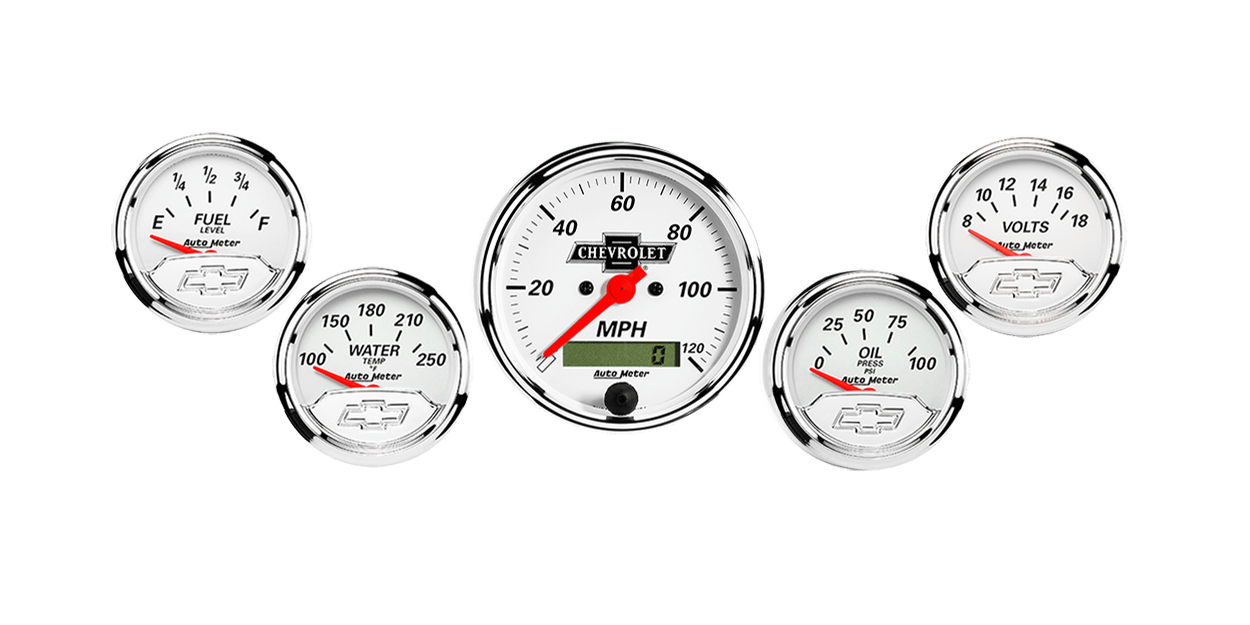 1302_00408 Auto Meter Chevy Vintage 5 Gauge Kit w/ Electric Speedometer (3 1/8" & 2 1/16")