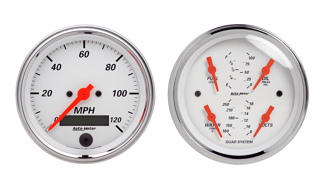 1308 Auto Meter Arctic White 2 Gauge Kit (3 3/8" Speedometer & Quad)