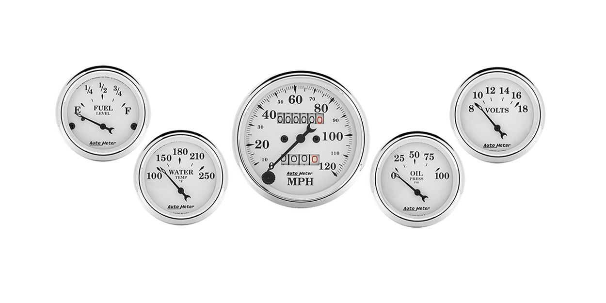 1601 Auto Meter Old Tyme White 5 Gauge Kit w/ Mechanical Speedometer (3 1/8" & 2 1/16")
