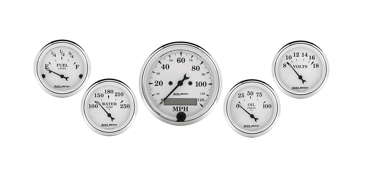 1602 Auto Meter Old Tyme White 5 Gauge Kit w/ Electric Speedometer (3 1/8" & 2 1/16")