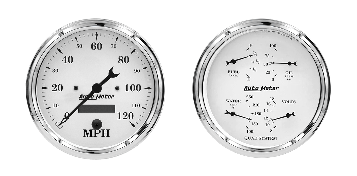 1603 Auto Meter Old Tyme White 2 Gauge Kit (5″ Speedometer & Quad)