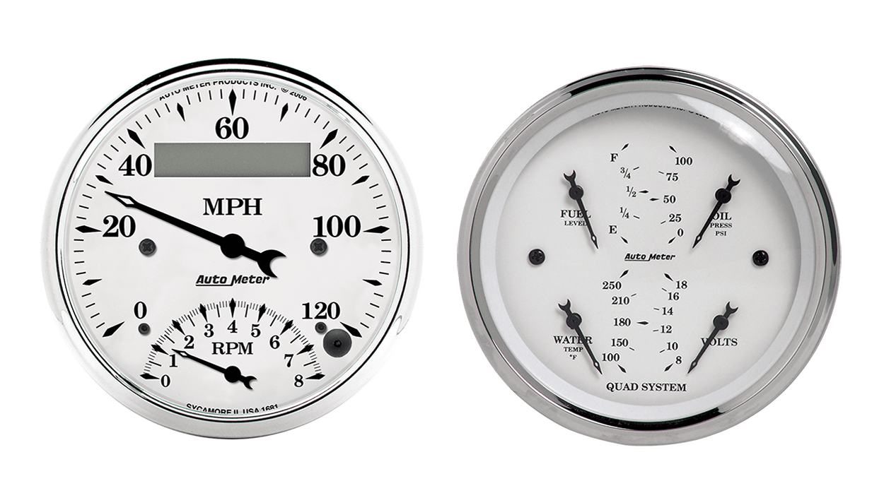 1620 Auto Meter Old Tyme White 2 Gauge Kit (3 3/8" Speedometer/Tachometer & Quad)