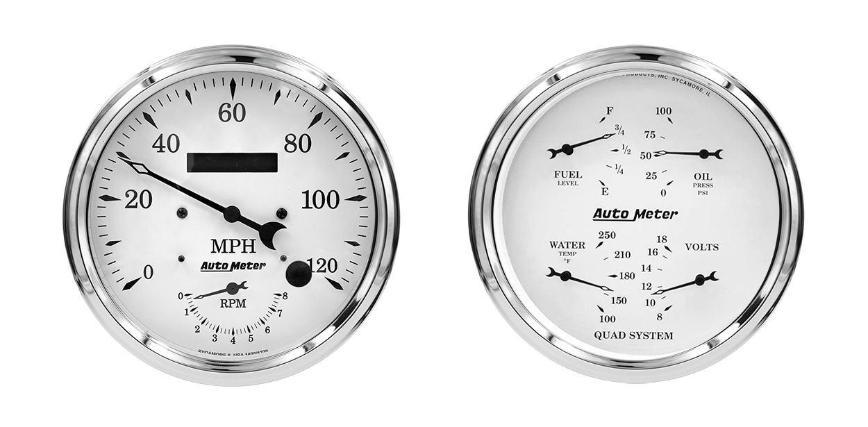 1652 AutoMeter Old Tyme White 2 Gauge Kit (5″ Speedometer/Tach & Quad)