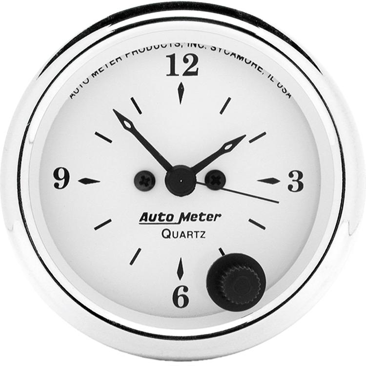 1686 Auto Meter Old Tyme White 2 1/16" Quartz Clock 12 volt or 16 volt
