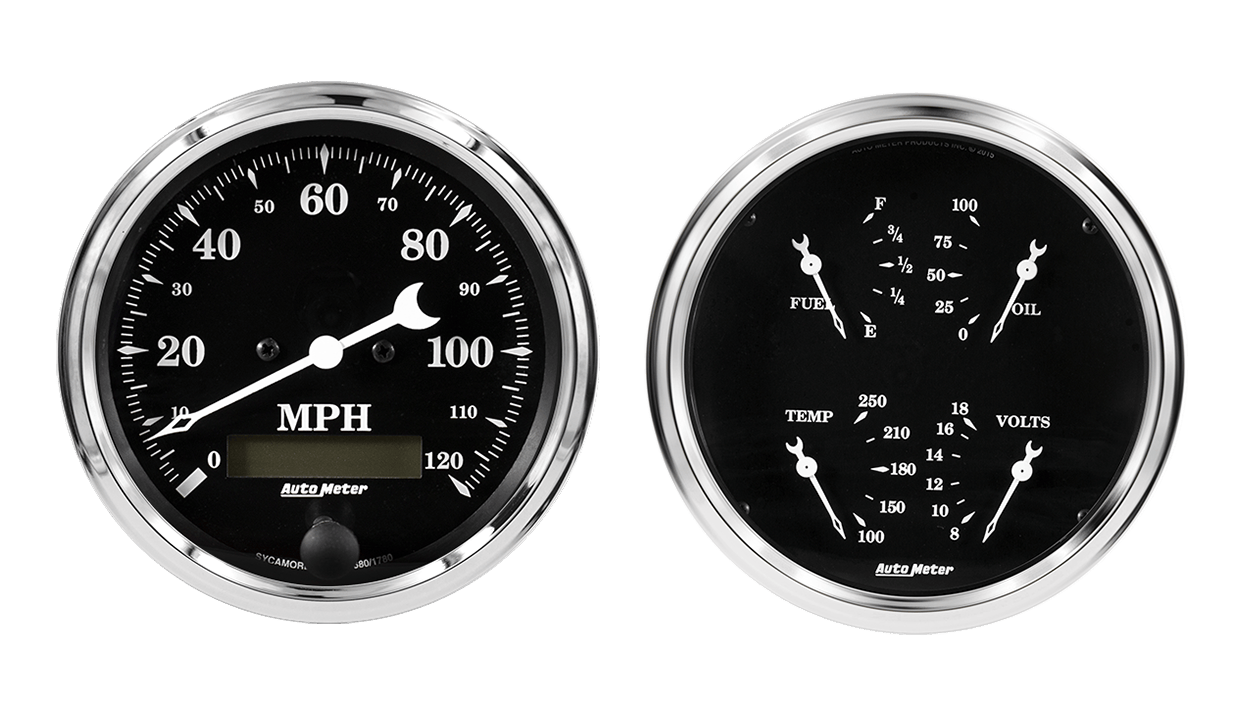 1700 Auto Meter Old Tyme Black 2 Gauge Kit (3 3/8" Speedometer & Quad)