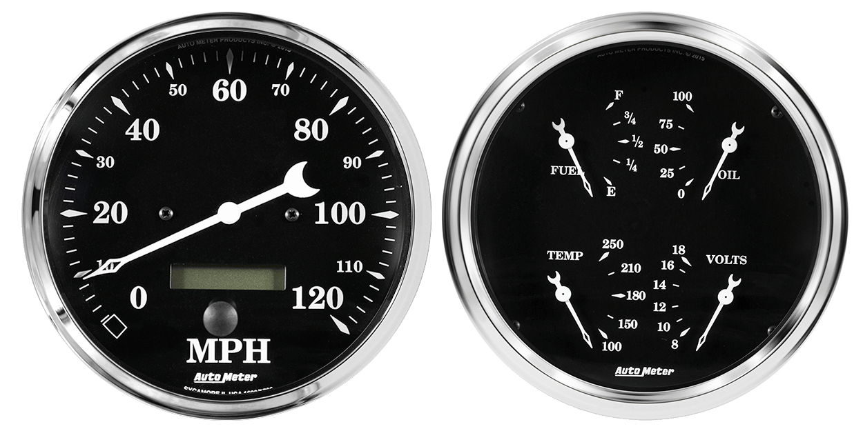 1703 AutoMeter Old Tyme Black 2 Gauge Kit (5″ Speedometer & Quad)