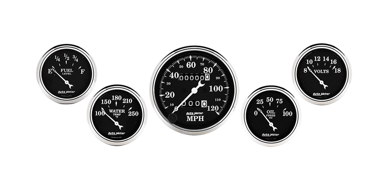 1708 Auto Meter Old Tyme Black 5 Gauge Kit w/ Mechanical Speedometer (3 1/8" & 2 1/16")