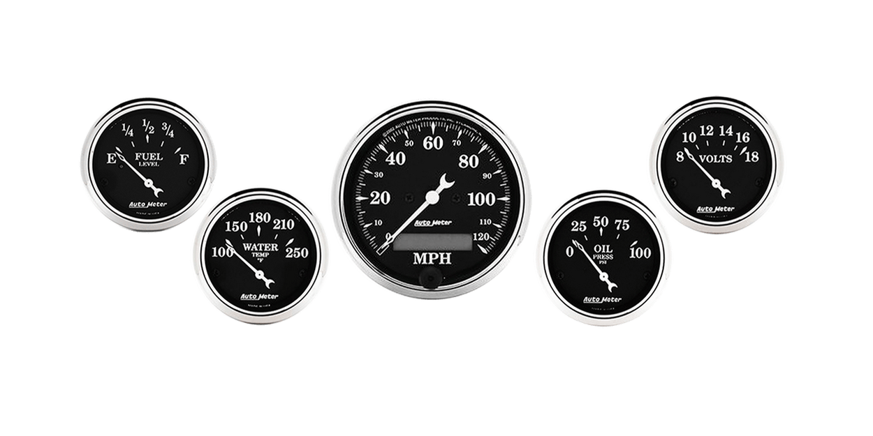 1709 Auto Meter Old Tyme Black 5 Gauge Kit w/ Electric Speedometer (3 1/8" & 2 1/16")
