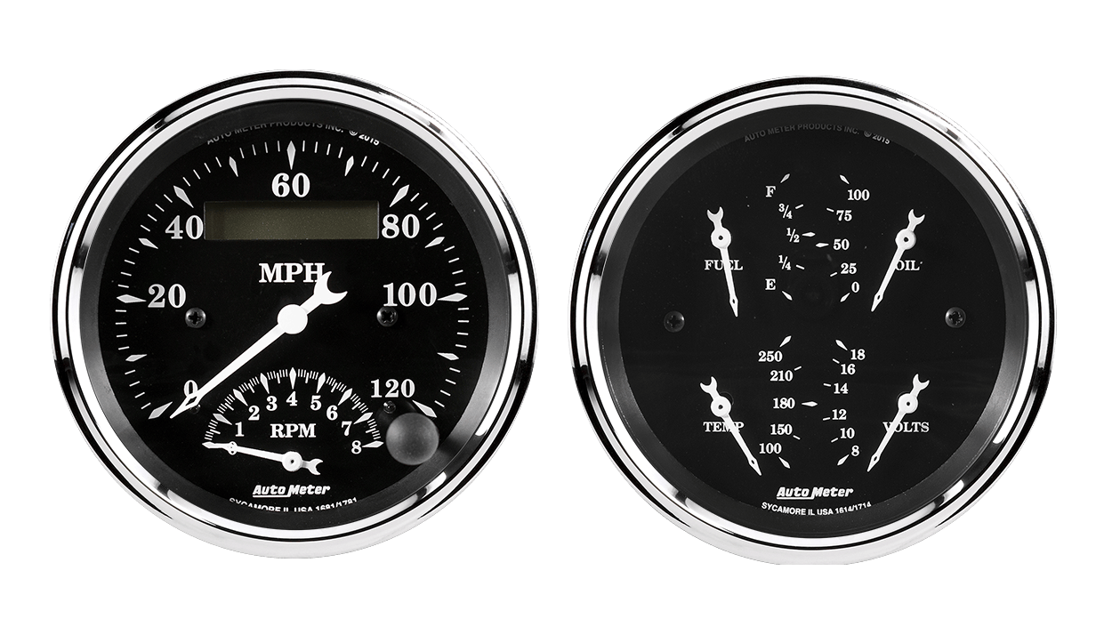 1720 Auto Meter Old Tyme Black 2 Gauge Kit (3 3/8" Speedometer/Tachometer & Quad)