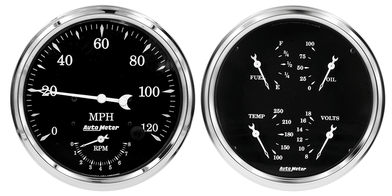 1752 AutoMeter Old Tyme Black 2 Gauge Kit (5″ Speedometer/Tach & Quad)