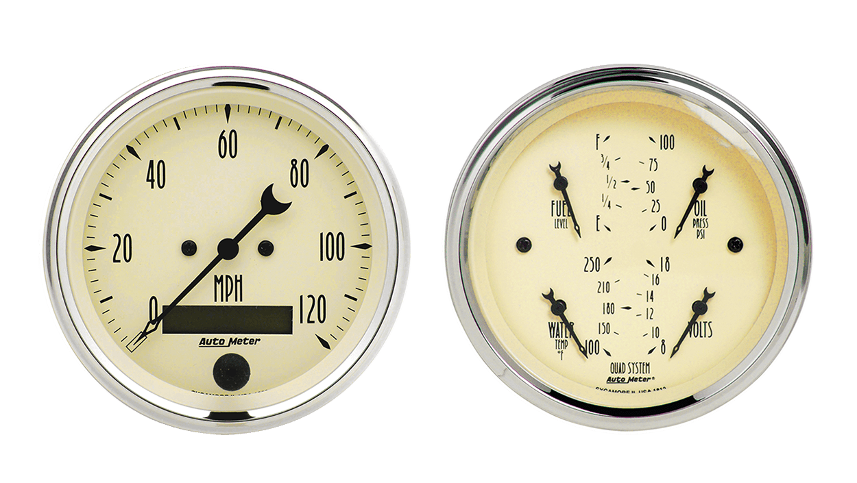 1800 Auto Meter Antique Beige 2 Gauge Kit (3 3/8" Speedometer & Quad)