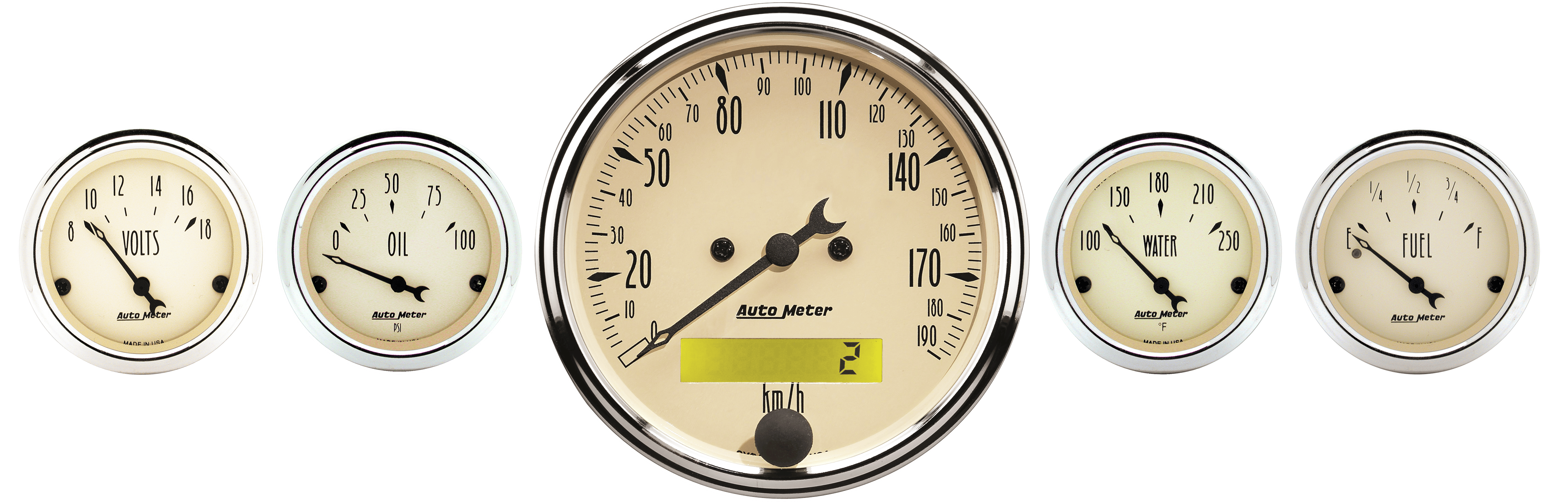 1809-M AutoMeter Antique Beige 5 Gauge Kit w/ 190 KPH Electric Speedometer (3 1/8" & 2 1/16")